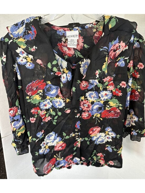 Koret Dresses & Skirts - Koret Floral Pleated Skirt Sheer Button-Up Blouse Set 8 Black Multicolor Elastic
